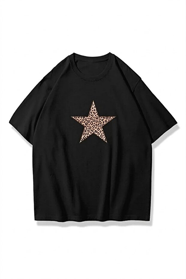 Leopard Star Design Printed Black Oversize T-Shirt