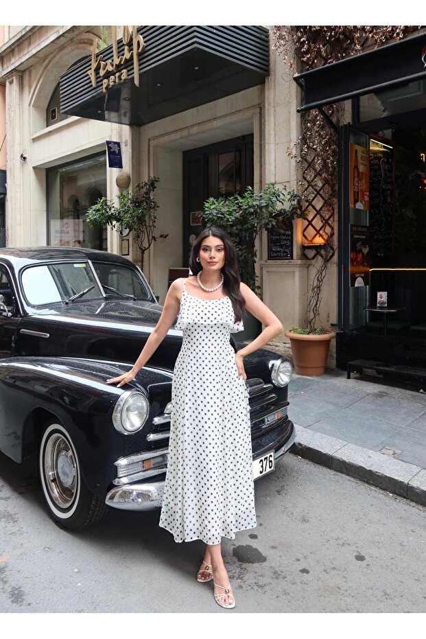 Women's Rope Strap Polka Dot Summer Chiffon Maxi Dress