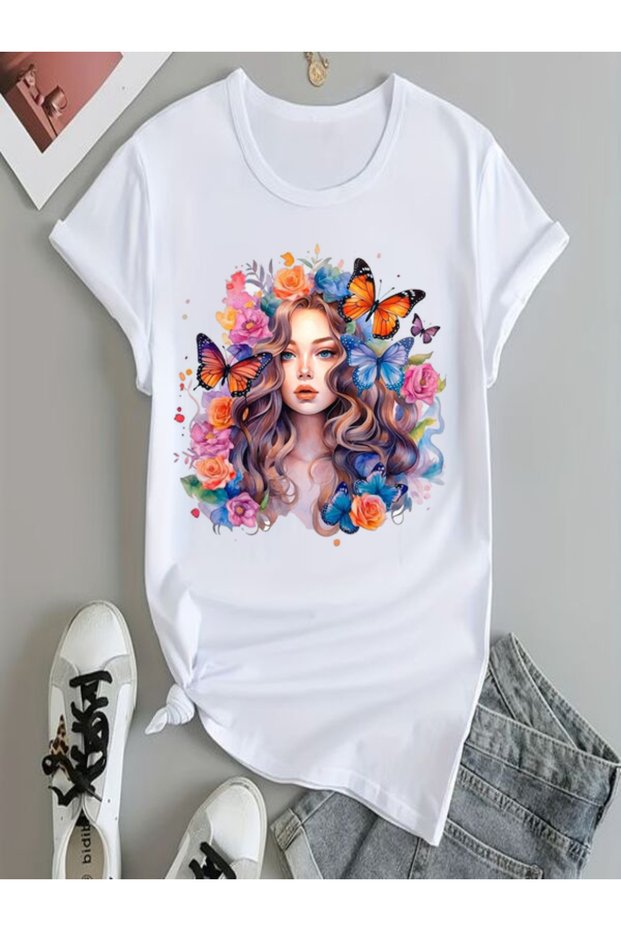 Women's Oversize T-Shirt with Flower and Butterfly Pattern