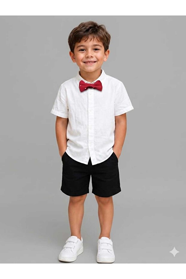 Boy's Linen Look Short Sleeve Cotton Shirt + Bow Tie
