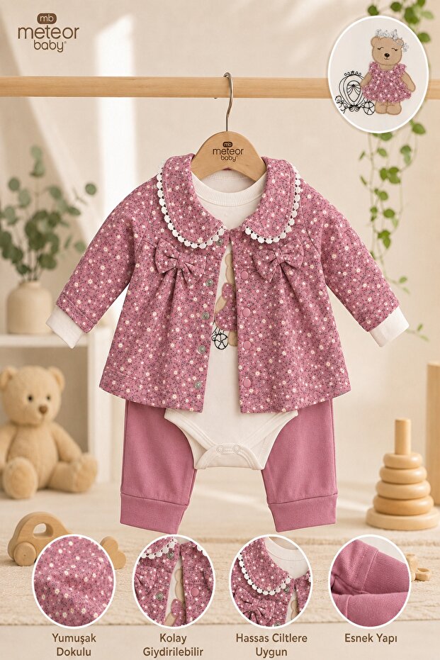 Baby Girl Set - Floral Patterned Collared Top and Bottom Set with Bow Detail