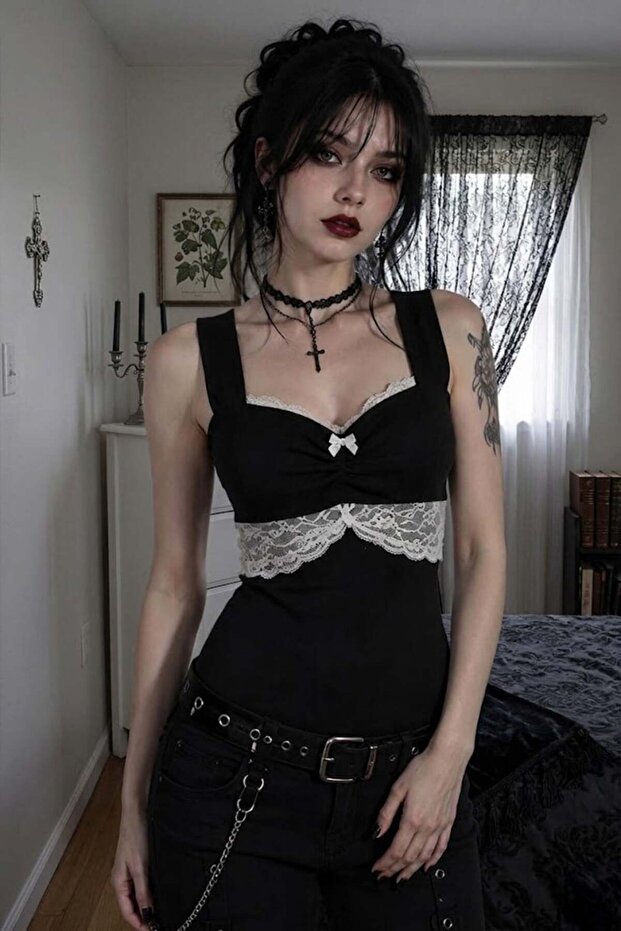 Vintage Style Lace Detailed Y2K Strap Bodysuit