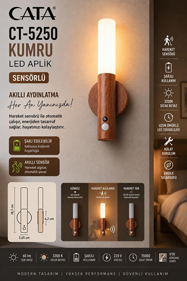 CT-5250 SENSÖRLÜ ŞARJLI DUVAR APLİĞİ AHŞAP