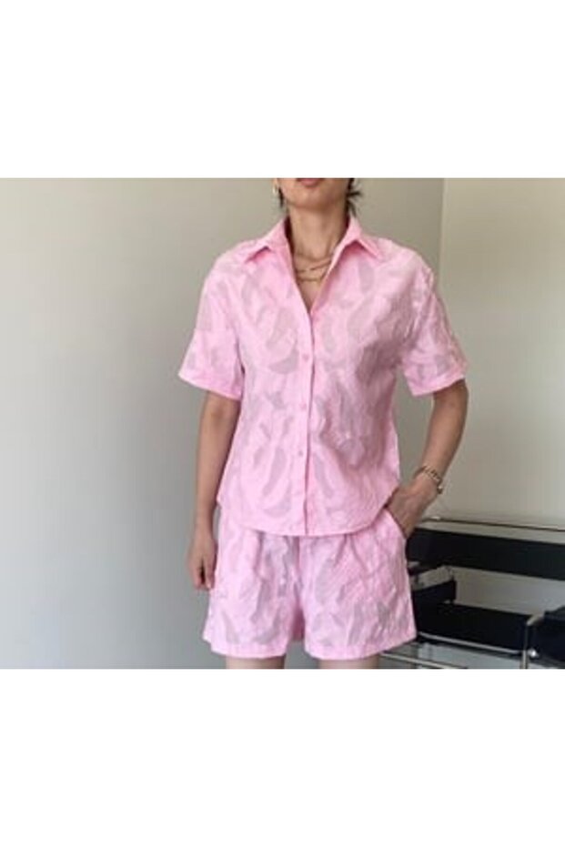 Pink Self Patterned Shorts Set - 2