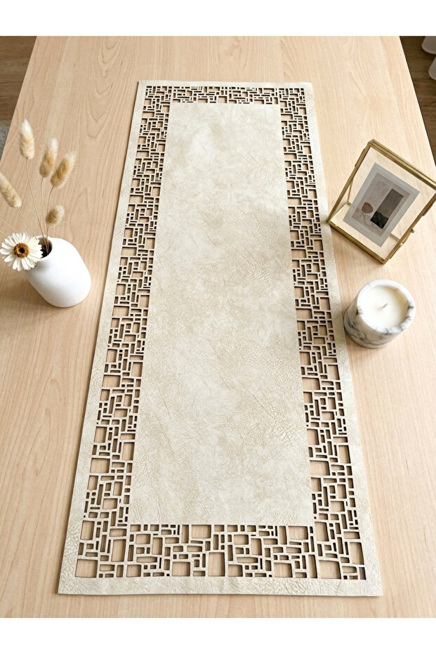 Beige (Dark Cream) Suede Fabric Runner 40X100 cm Coffee Table Size - Geometric Quadrilateral Pattern