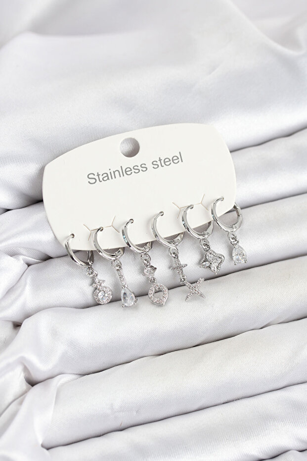 316L Steel Silver Color Zircon Stone Clover Model Women's Earring Set -