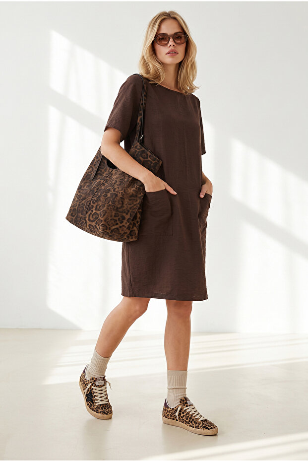 Women's Bitter Brown Double Pocket Wide Fit Mini Dress Elb-19002679