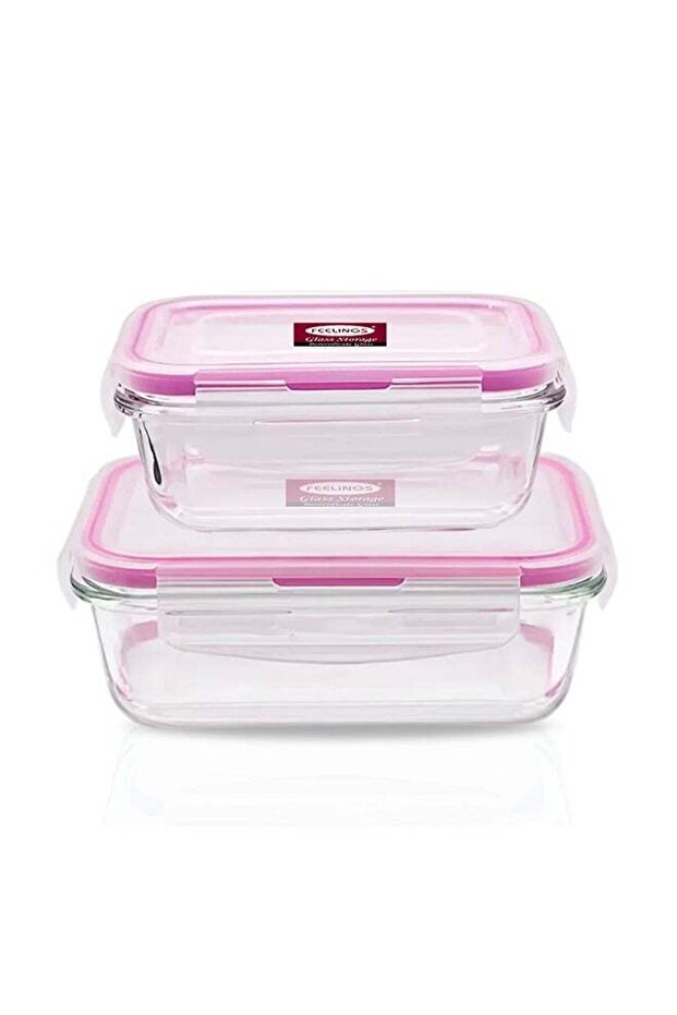 Glass Storage Food Container 2Pcs 600+400ml With Pink Silicone Lid Clear 19x14x12cm