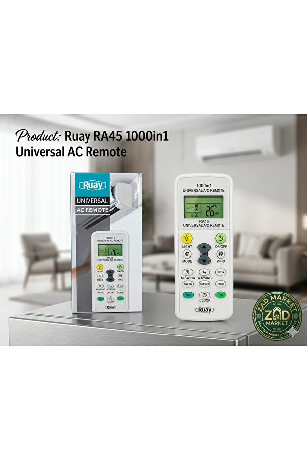 ريموت تكييف عالمي (موديل RA45) - يدعم 1000 نوع من المكيفات - تحكم كامل وشاشة LCD واضحة
