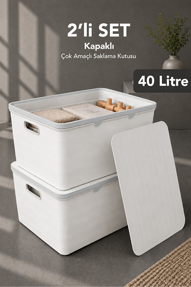 2-Piece Decorative Storage Box - Bathroom Kitchen Organizer with Lid, In-Cabinet Organizer 40Lt White