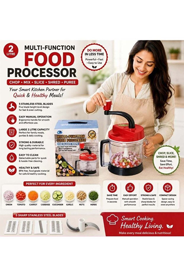 Manual Food Processor 2 Litre Capacity Vegetable Chopper With 5 Sharp Stainless Steel Blades