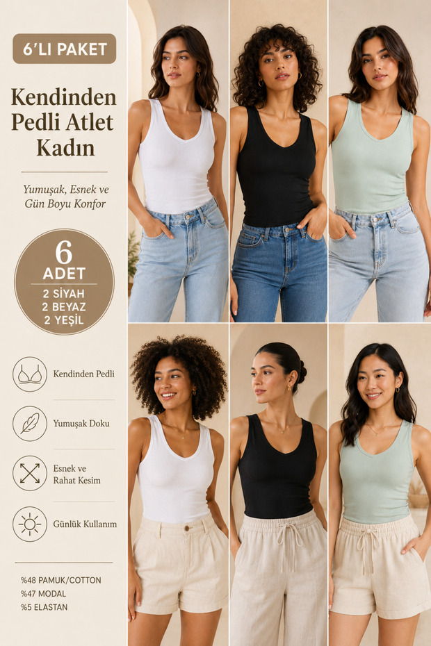 Women's Cotton & Modal V-Neck 6-Piece Camisole Undershirt - with Gathering Chest Pads