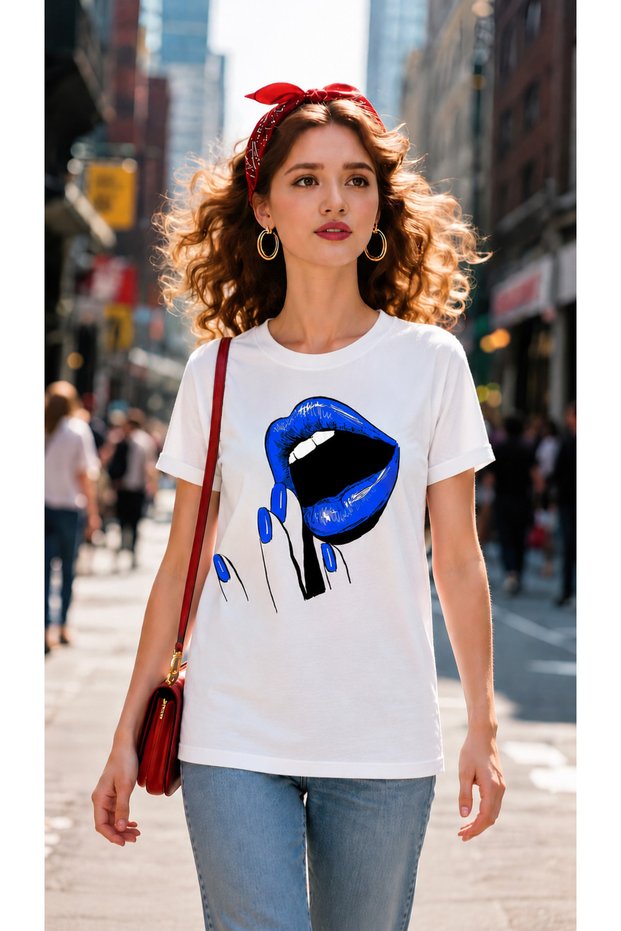 Women's Oversize T-Shirt Blue Lip Printed 100% Cotton T-Shirt Comfortable Fit