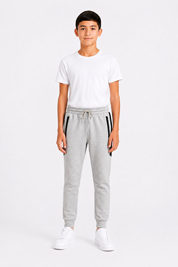 Boy's Cotton Striped Detailed Sweatpants Gray Melange-26119