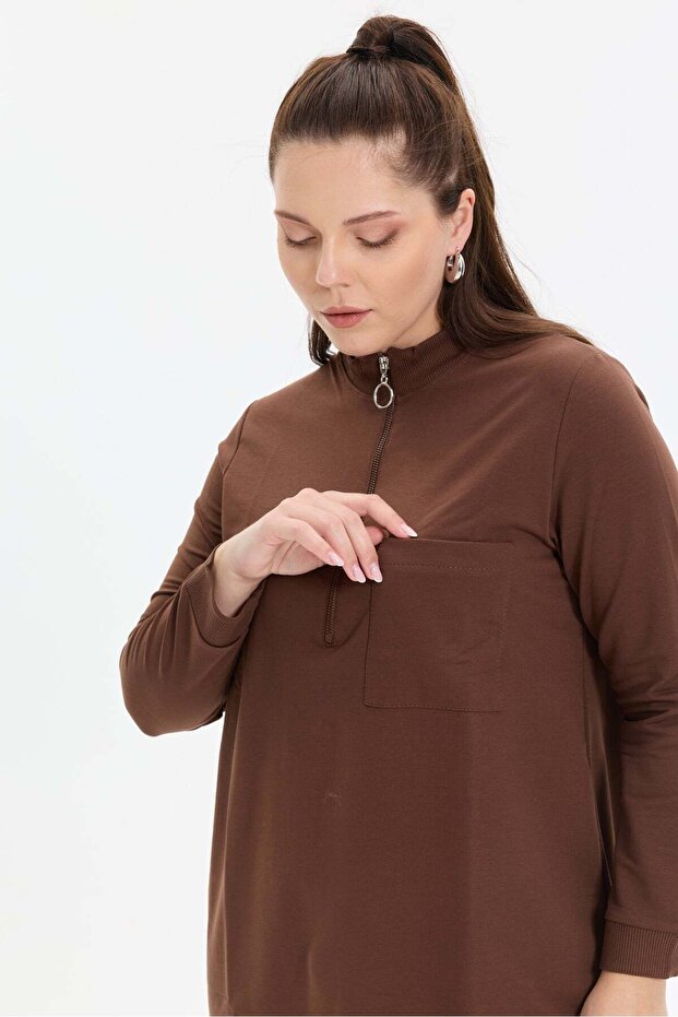 Two-Thread Stand Collar Zippered Single-Pocket Tunic