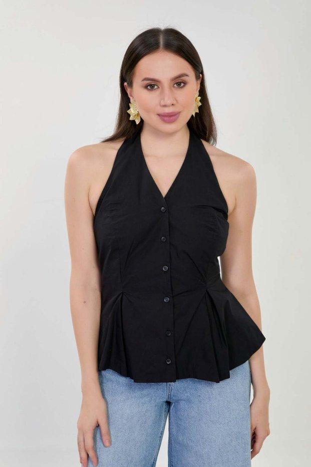 Women's Halter Neck Sleeveless Shirt - Black