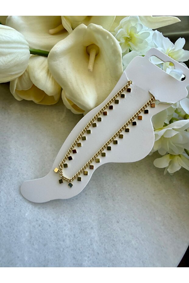 Gold Square Pendant Adjustable Anklet