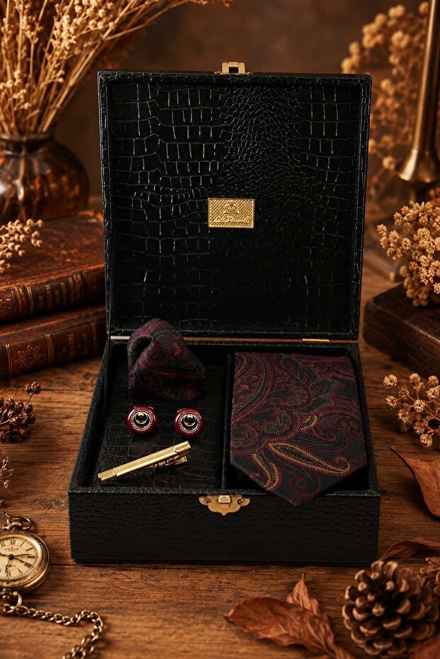 Black Men's Gift Box - Tie with Handkerchief, Cufflinks, Tie Clip Kmk247