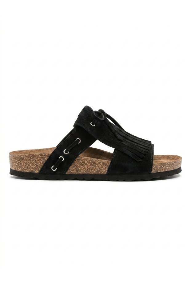 Women's Mc220 Genuine Suede Leather Tasseled Orthopedic Cork Sole Slippers