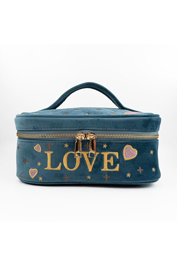 Blue Love Embroidered Velvet Makeup Bag & Organizer 25X17.5X11 cm
