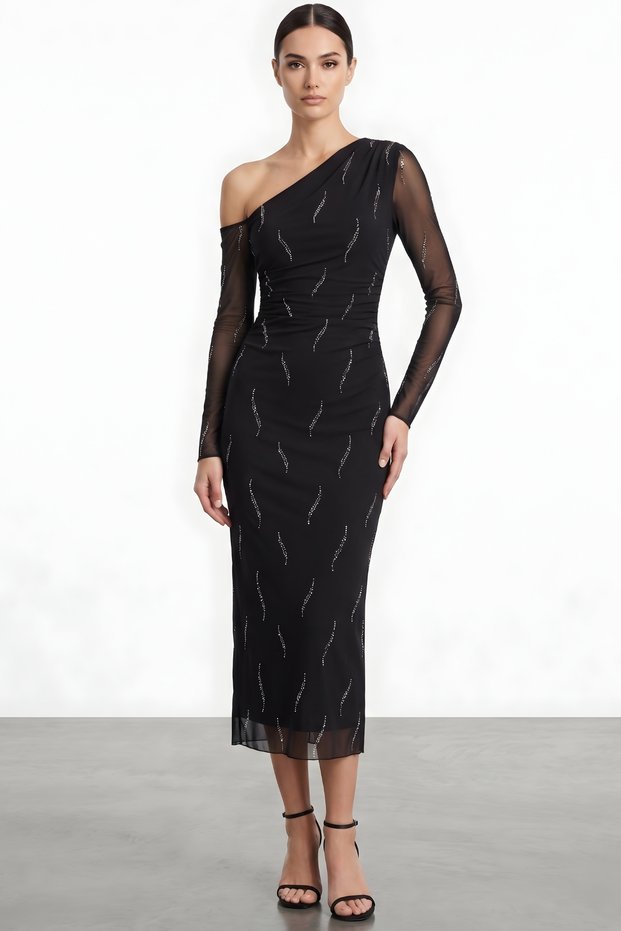Women's Black One-Shoulder Stone Detailed Transparent Tulle Sleeves Lined Draped Midi Evening Dress