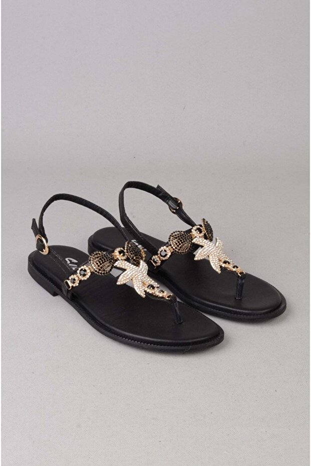 Seç 115 Genuine Leather Stone-Embellished Flip Flop Sandals Black
