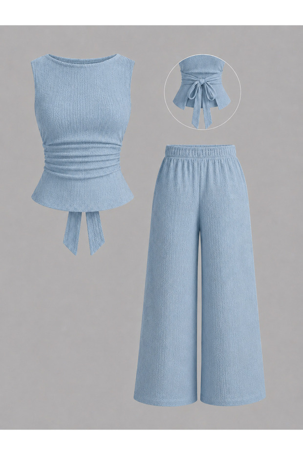 Baby Blue Back-Tie Detailed Sleeveless Boat Neck Top and Bottom Set