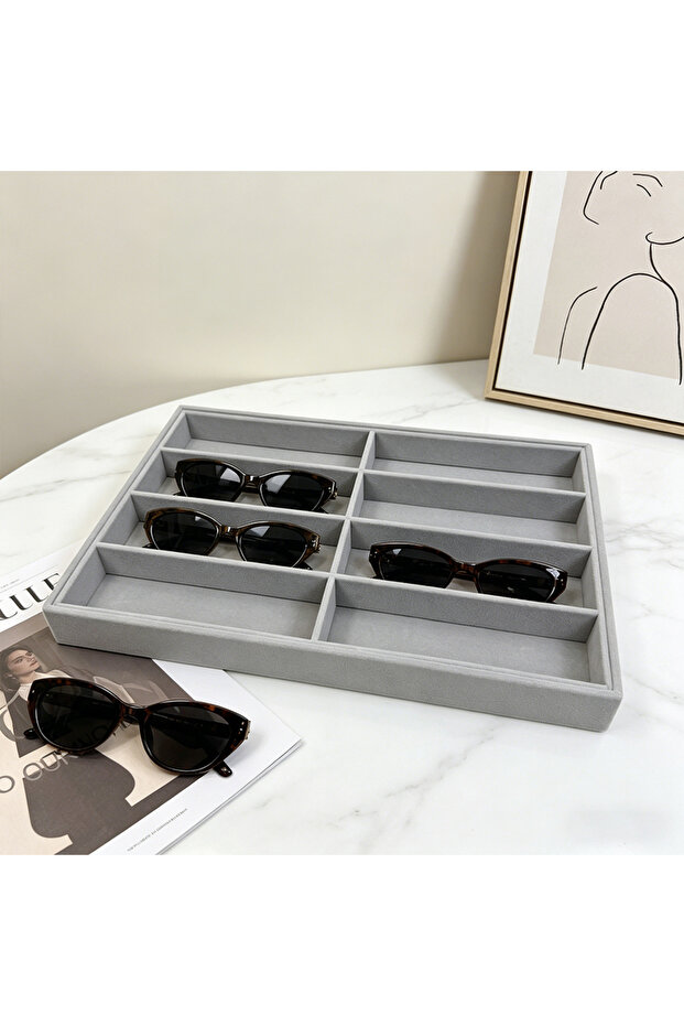 1Pc-Gray Versatile Gray Velvet Organizer Tray for Glasses, Jewelry & Watches - 8-Compartment, Stacka