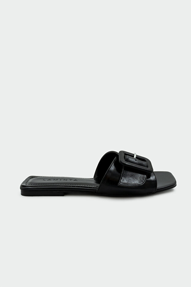 Lars Women's Black Flat Slippers with Buckle Detail