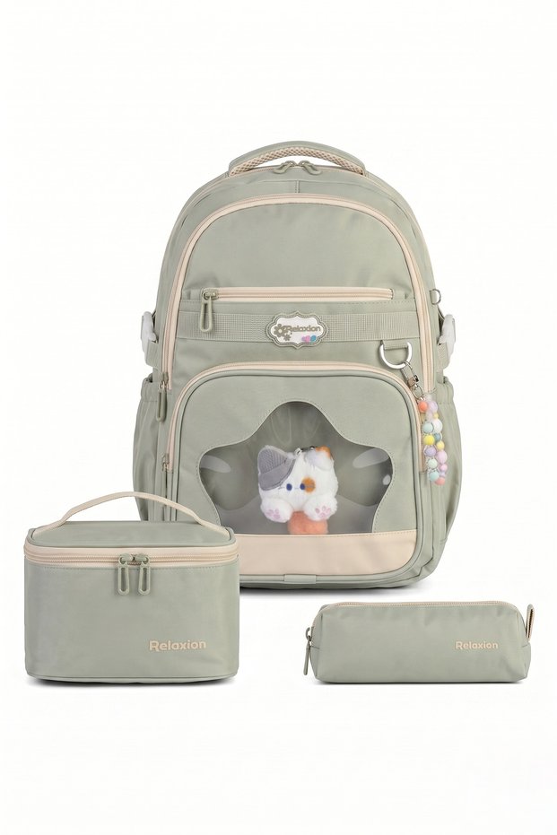 Relaxion 1920 Green Girl's 3-Piece Primary School Bag Set Plush Backpack Lunch Bag Pen Holder