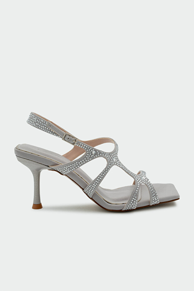 Know Stone Detailed Women's Gray Heeled Shoes