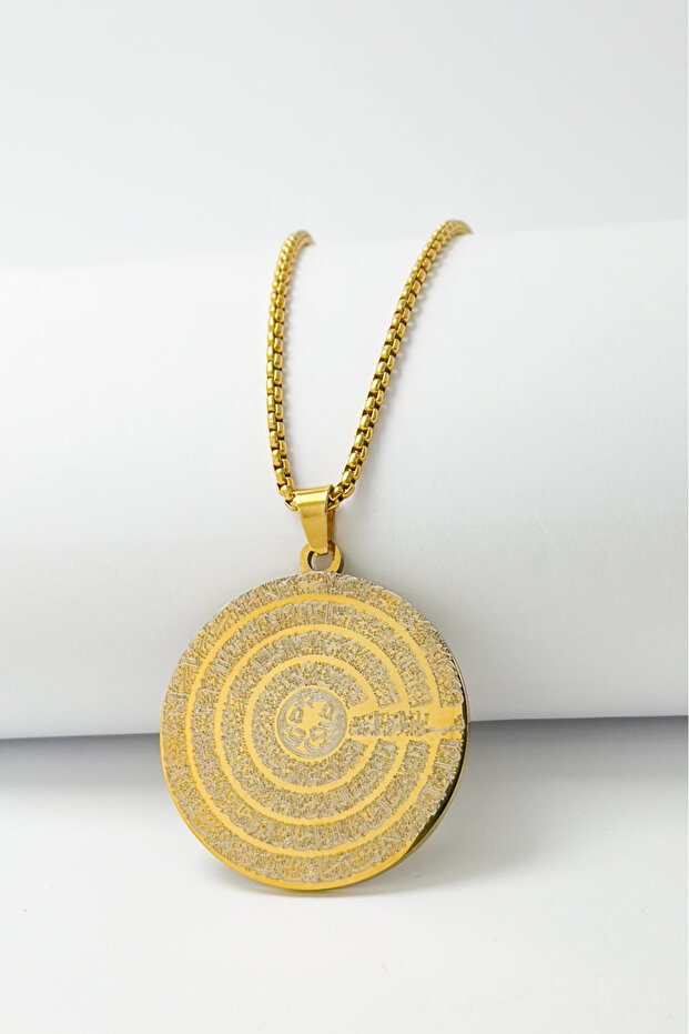 Gold Color Evil Eye Verse and Four Kul Written Spiritual Prayer Design Thick Doc Chain Stainless Steel Necklace