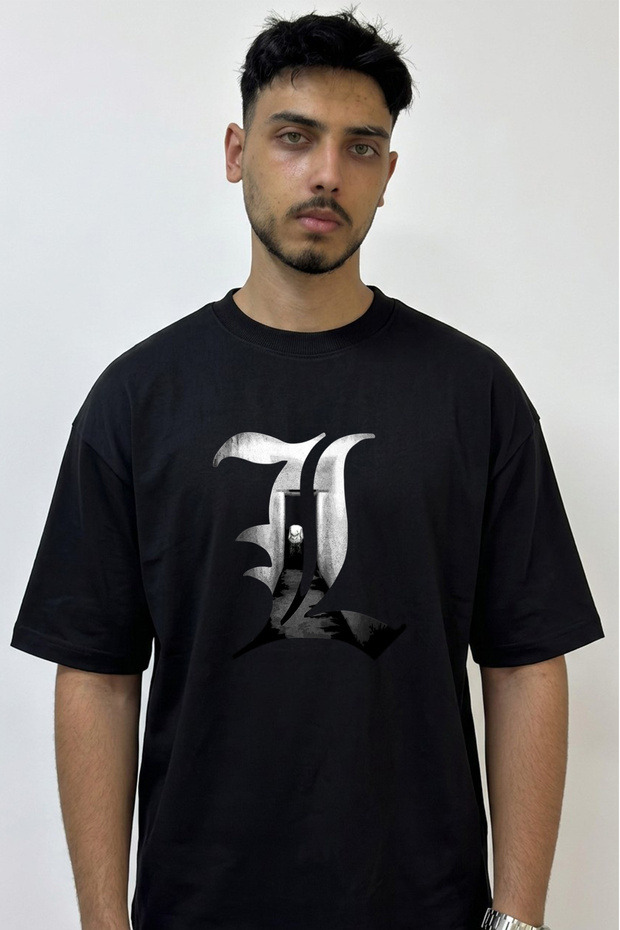 Death Note L Design Printed Oversize Black T-Shirt