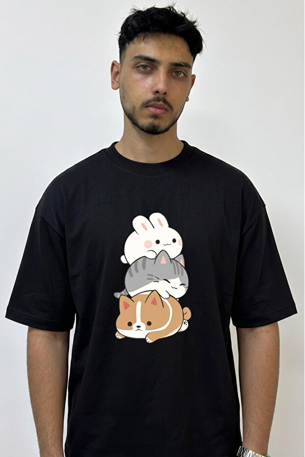 Tavsan Cat Dog Design Printed Oversize Black T-Shirt