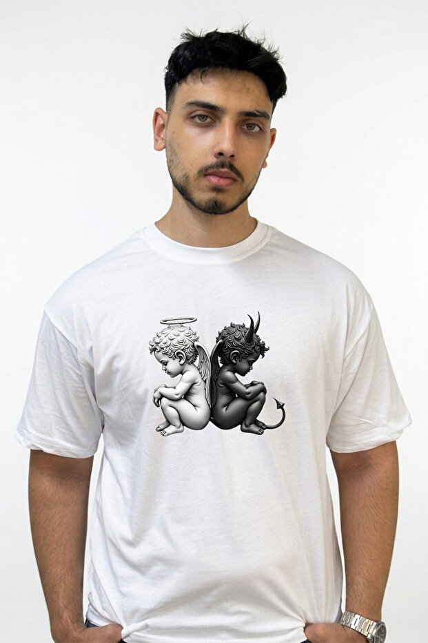 Angel Devil Design Printed Oversize White T-Shirt