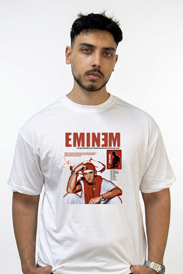 Eminem Rap Design Printed Oversize White T-Shirt