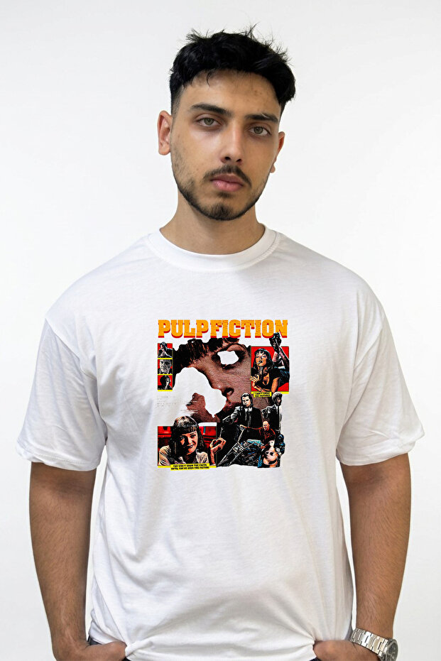 Pulp Fiction Design Printed Oversize White T-Shirt