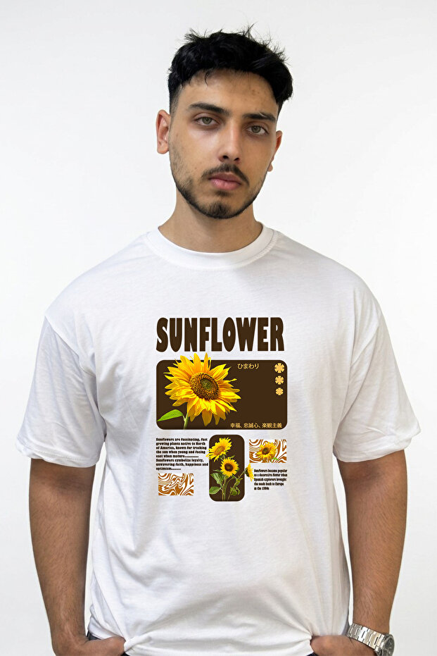 تي شيرت أبيض كبير الحجم مطبوع بتصميم Sunflower_1