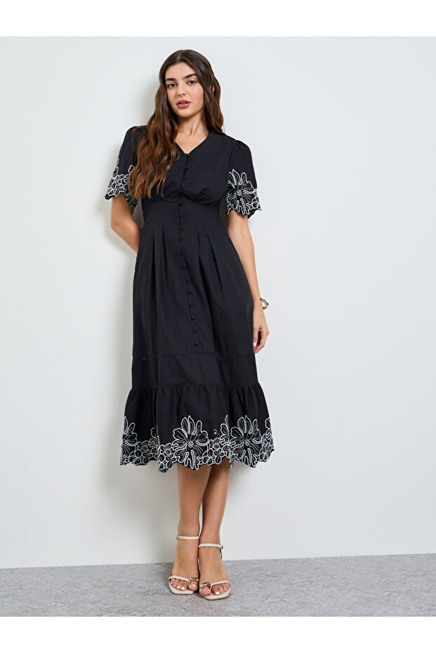 Black Contrast Embroidered A-Line Midi Dress