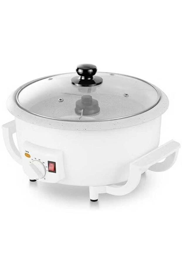Denx Electric Coffee Roaster & Popcorn Maker 800W with Non-Stick Bowl, Adjustable Temperature Control, Blue Light Indicator, Cool-Touch Body, Glass Lid, 2L Capacity, White