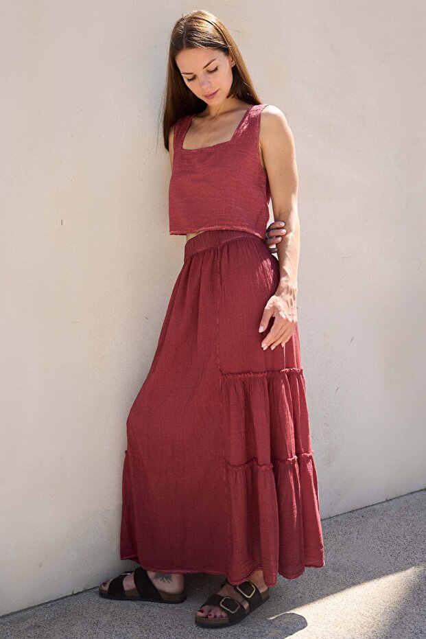 Cotton Burgundy Maxi Skirt
