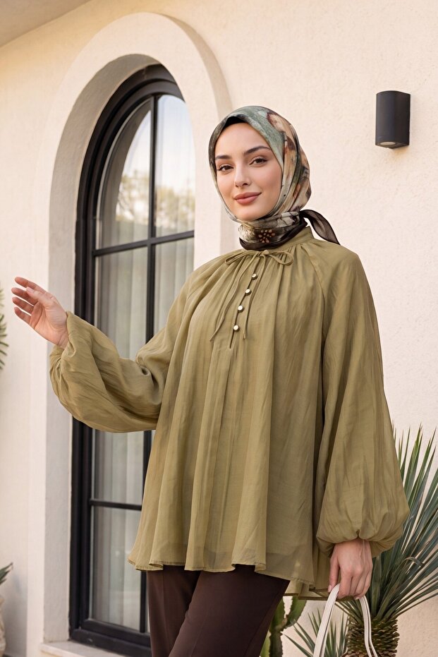 Oversized Tulle Voile Blouse with Tie Collar and Half Buttons - Olive Green