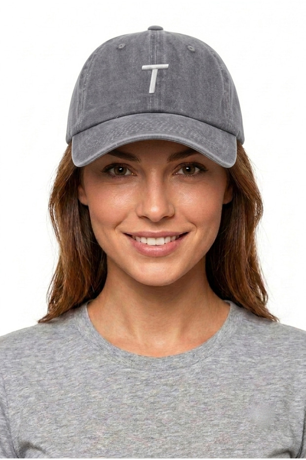 Gray Embroidered Washable Vintage Unisex Hat with Letter t