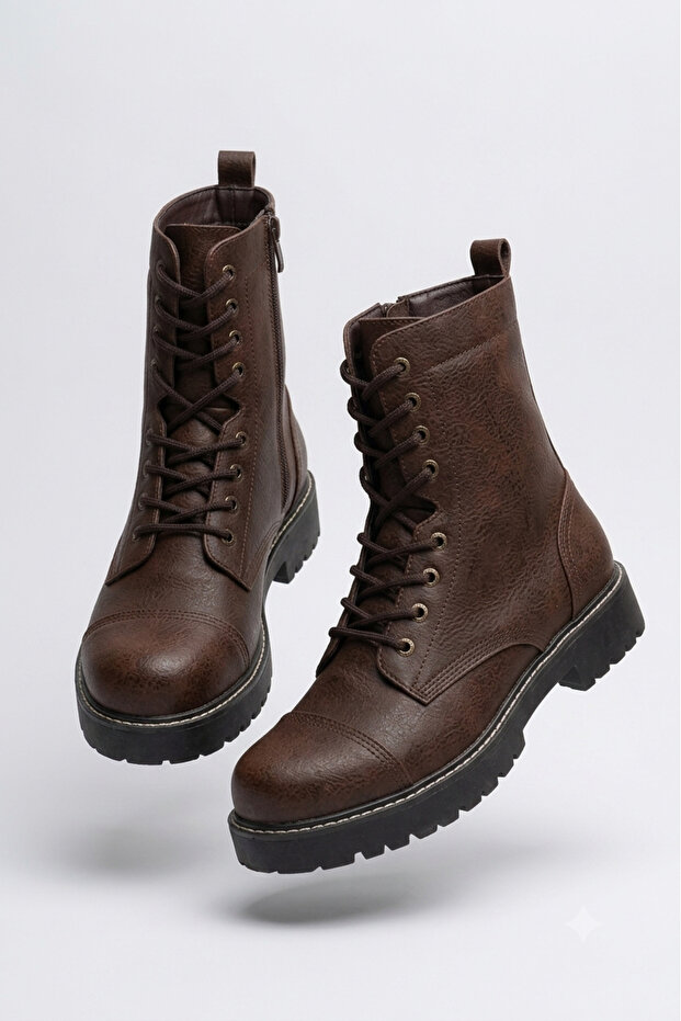 Zrc009 Premium Lace-Up Zippered Men's Boots Brown