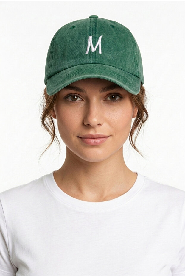 Dark Green Embroidered Washable Vintage Unisex Hat with Letter m
