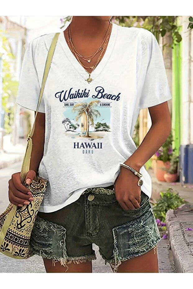Women's Mix Printed V-Neck Sleeved Regular Fit Comfortable T-Shirt