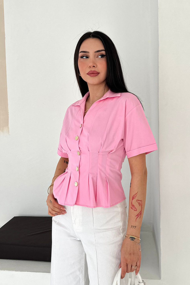 Women's Gold Buttoned Waist Pleated Detailed Short Sleeve Shirt Blouse