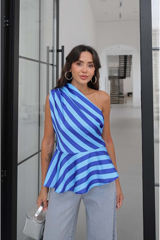 Blue Verev Striped One-Shoulder Blouse