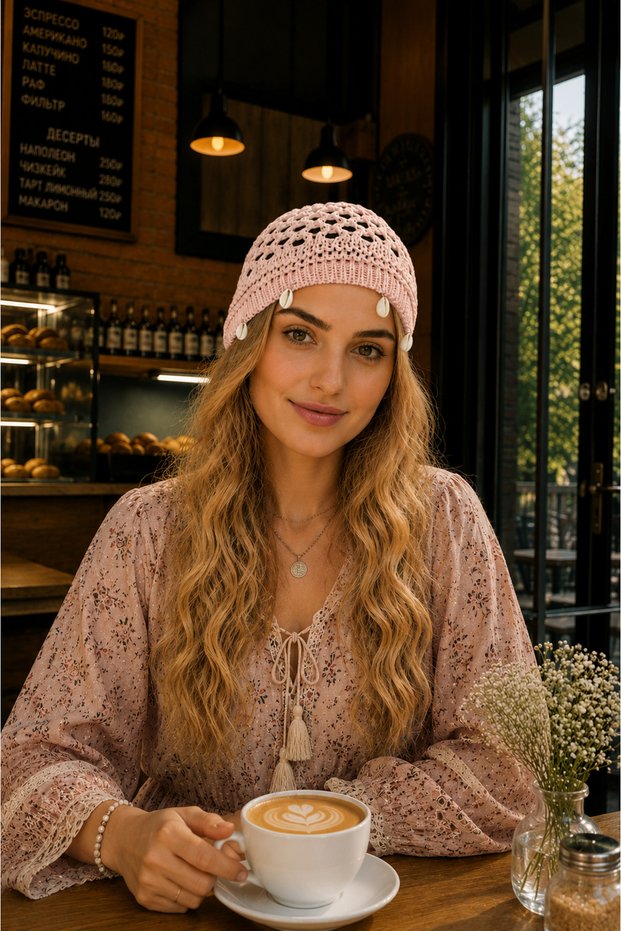 Knitted bandana with seashell detail - beanie style bandana