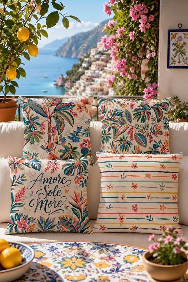 Pastel Palm Patterned 4-Piece Throw Pillow Cover Set